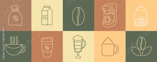Geometric coffee pattern in a minimalist style. Bright  coffee icons, line design. Abstract print background with simple shapes for coffee shop, food packaging, cafe wall, menu.