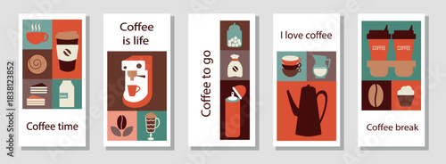 Coffee Themed Geometric Banners Collection. Abstract background with simple shapes for coffee shops, product packaging, cafe walls, and menus.