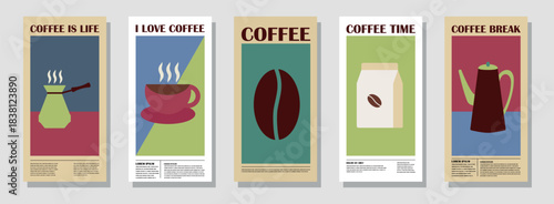 Coffee Themed Geometric Banners Collection. Abstract background with simple shapes for coffee shops, product packaging, cafe walls, and menus.