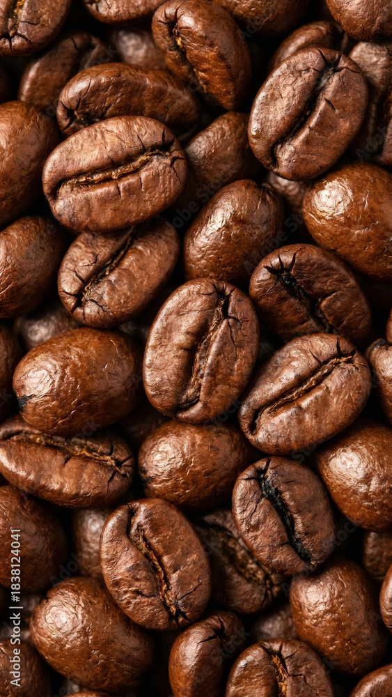 Fototapeta premium Roasted coffee beans background texture. Macro close up of brown espresso seeds. Fresh aroma concept
