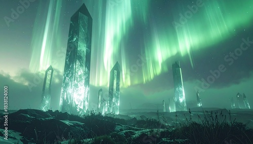 Tall glowing green crystal monoliths stand on a rugged icy landscape under vibrant northern lights and a starry sky