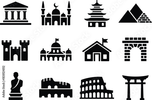 Assortment of 12 famous world landmark and building icons on a white background Keywords: temple