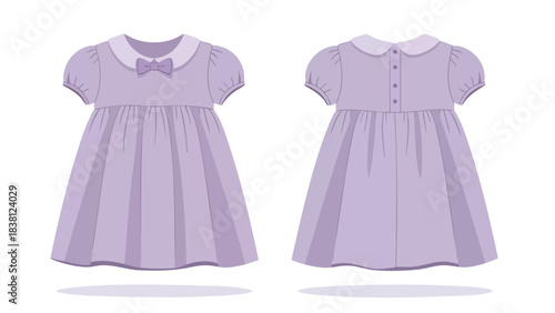 Illustrative depiction of a lavender child's dress showcasing both the front and back design details against a crisp white background