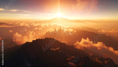 Futuristic city panorama with towering skyscrapers nestled among mountains under a bright sunrise