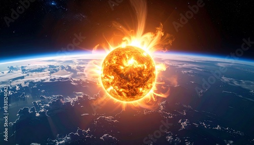 Fiery sun emitting solar flares above the Earth's atmosphere seen from space
