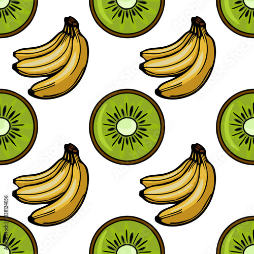 Seamless vector pattern featuring ripe yellow bananas and vibrant green kiwi slices with subtle textural details.