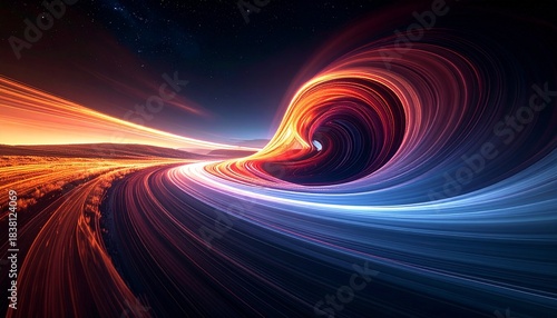 Swirling abstract light trails create a vortex shape against a dark starry sky