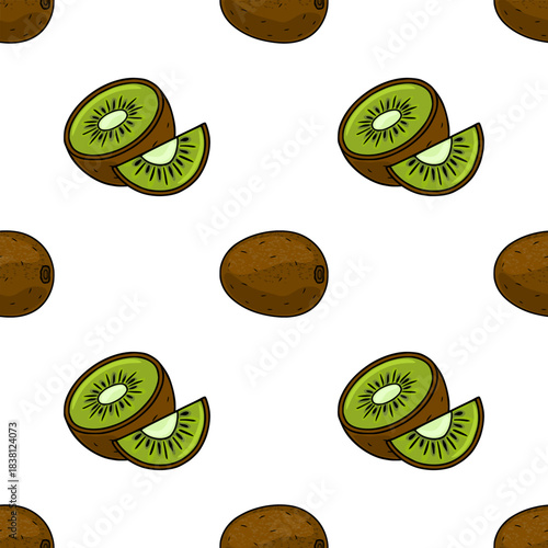Seamless vector pattern of whole and sliced kiwis with vibrant green flesh and textured brown skin, creating a fresh and natural background.