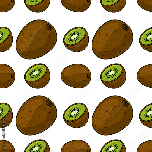 A delightful seamless vector pattern featuring whole and halved kiwis with vibrant green flesh and textured brown skin against a clean white background, perfect for food-themed designs.