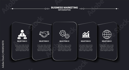 Sleek Business Marketing Infographic Template with Five Steps for Strategy, Growth, and Global Reach Presentation