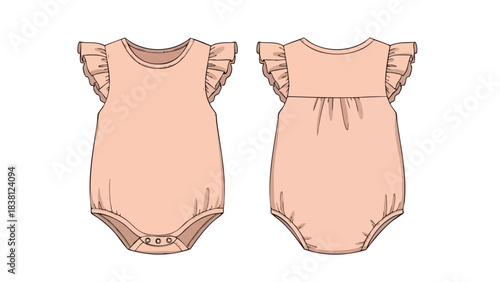 Charming Baby Romper Design with Ruffled Sleeves: Front and Back Views for Apparel Design