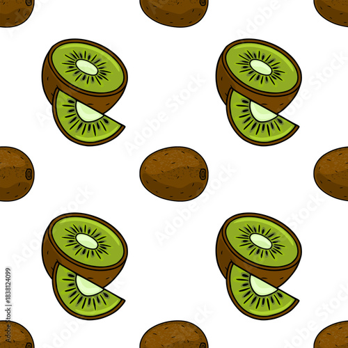 A delightful seamless vector pattern featuring fresh kiwi fruits, showcasing whole fruits and vibrant cross-sections with their characteristic green flesh and black seeds, set against a clean white...