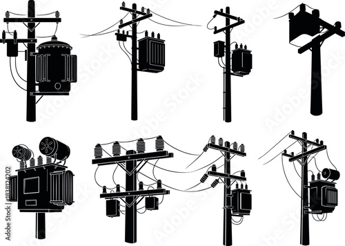 flavector silhouettes of utility poles with transformers and components for electrical infrastructure and distribution