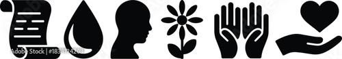 Black Silhouette Icons Scroll Drop Head Flower Hands Heart in Hand vector illustration