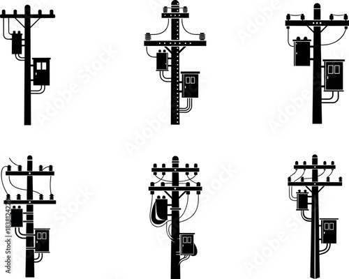 flavector silhouettes of utility poles with electrical transformers and wiring for power distribution infrastructure