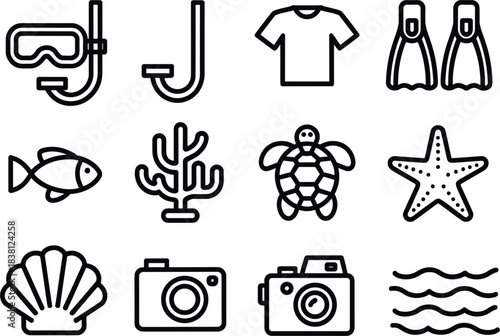 Collection of 12 underwater and beach activity icons on a white background Keywords: mask