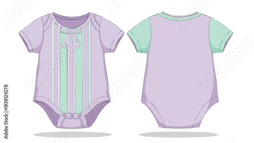 Pastel palette baby bodysuit design illustration, showcasing front stripes with bow and plain back details for apparel designers