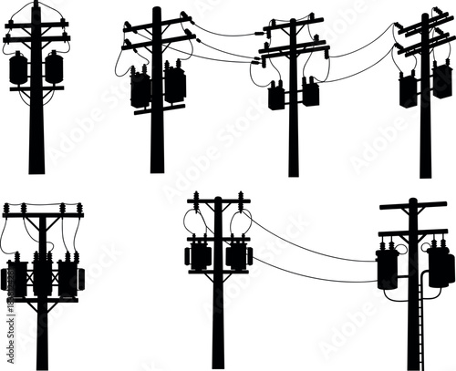 Webflavector silhouettes of utility poles with transformers and crossarms for electrical power distribution design