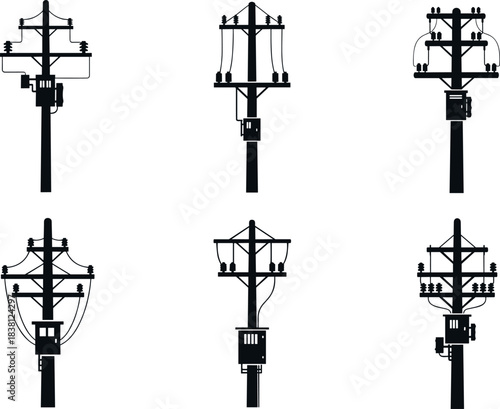 flavector silhouettes of utility poles with transformers and insulators for electrical power distribution systems