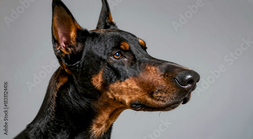  a close-up portrait of a Doberman Pinscher dog. The dog is facing towards the right side of the image, with its head turned slightly to the left