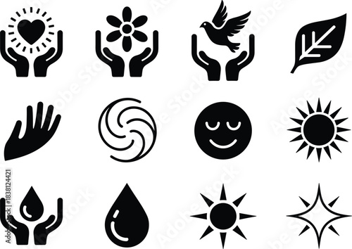 Collection of Twelve Black Icons Representing Nature and Well-being Keywords: icon, symbol, set