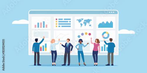 Team collaborating on data analysis and visualization displayed on a large screen