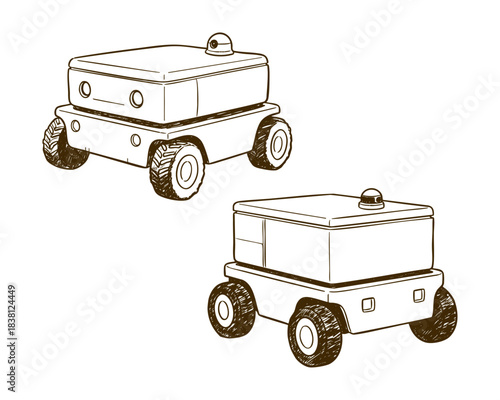 Autonomous delivery robot black and white line art illustration