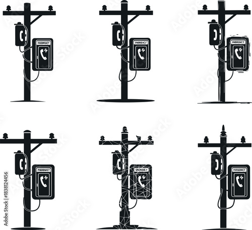 flavector stylized illustrations of telephone poles with emergency phone boxes in varied artistic renderings