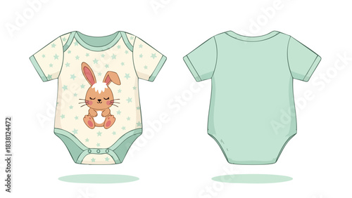 Charming baby bodysuit illustration with adorable bunny design and star pattern, presented in front and back views revealing soft pastel green hue