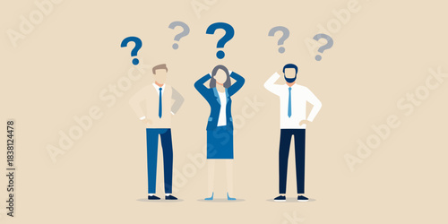 People pondering with question marks hovering above their heads seeking answers