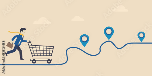 A businessman with a shopping cart follows a winding path with location pins