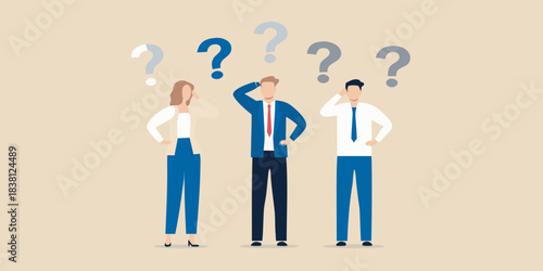 People pondering with question marks above their heads illustrating uncertainty