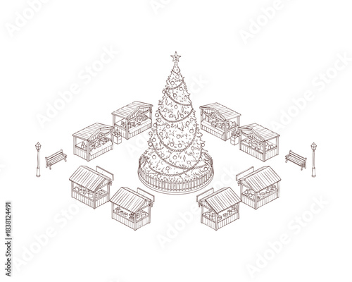Isometric Christmas plaza with large tree black and white line art illustration