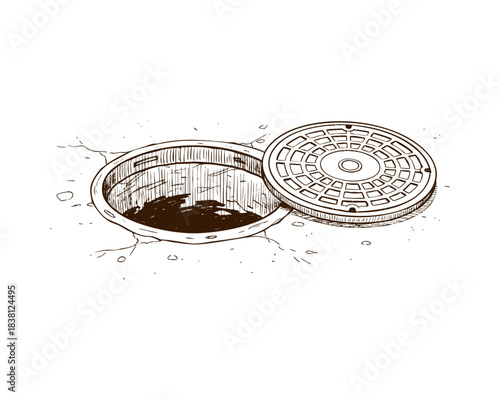 Open round manhole and cover black and white line art illustration