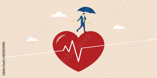 A businessman carefully balancing on a heart shaped tightrope with an umbrella
