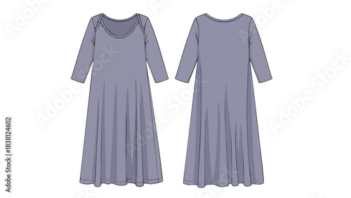 Elegant long sleeve dress design showcasing the front and back, perfect for fashion design presentations and product catalogs