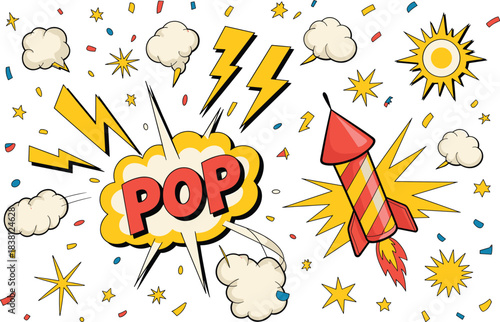 Comic Style Pop Art Celebration Explosion with Firework Rocket and Stars vector illustration