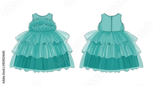Elegant Turquoise Tiered Dress Design Illustration Showing Front and Back Details for Fashion or Textile Projects