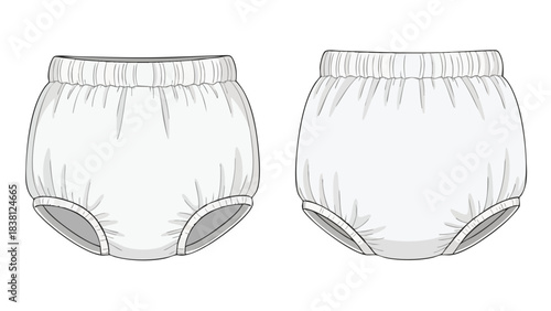 Two-Dimensional Garment Representation: Technical Illustration of Baby Bloomers with Elastic Waist and Leg Openings Depicted in Detail