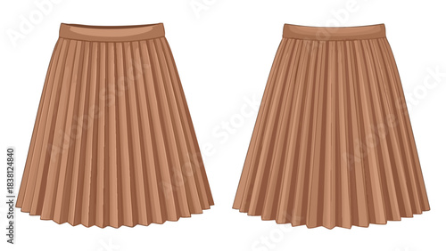 Elegant pleated skirt design in terracotta hue presenting symmetrical front and back views for fashion illustration showcasing texture and form