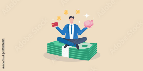 A man meditating on stacks of money with coins and a piggy bank