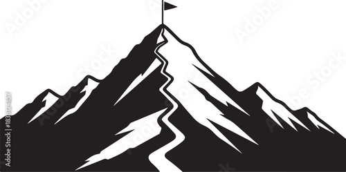 Stylized mountain peak with a winding path and flag