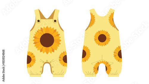 Cheerful Sunflower Baby Romper: Front and Back View Showcasing a Sunny Summer Design for Children Apparel