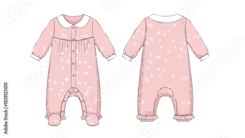 Pastel Pink Baby Romper Fashion Sketch: Front and Back Views for Design Mockups and Product Catalogs