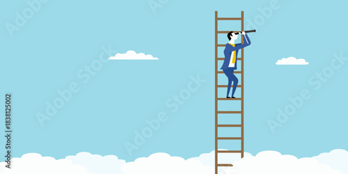 A businessman climbs a ladder towards the clouds looking through binoculars