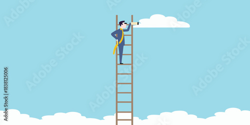 Man climbing a ladder looking through binoculars at clouds in the sky