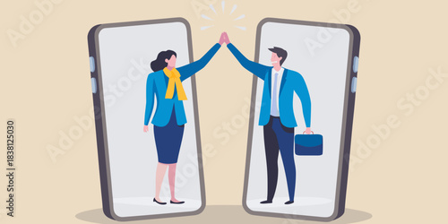 Celebrating success remotely a high five connecting through smartphone screens