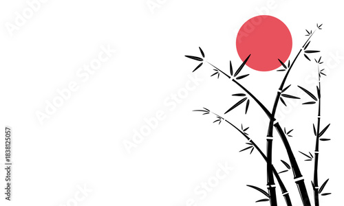 Asian, Japanese themed  Simple abstract background with red moon and bamboo trees