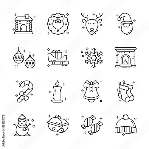 Collection of christmas icons in modern flat outline style, ready for premium use