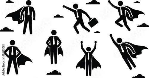Superhero businessperson silhouette vector, flying office worker icons, confident pose, cape character, leadership concept, success symbol, motivation design, black figures